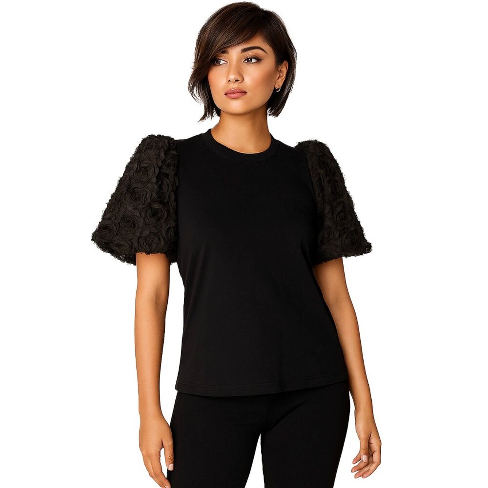 52Seven Black Puff-Sleeve Rosette Top S • Statement Sleeve • Luxury Resort Chic
